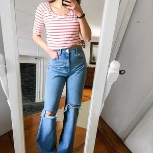 LOFT Red & White Striped Cotton 3/4 Tee